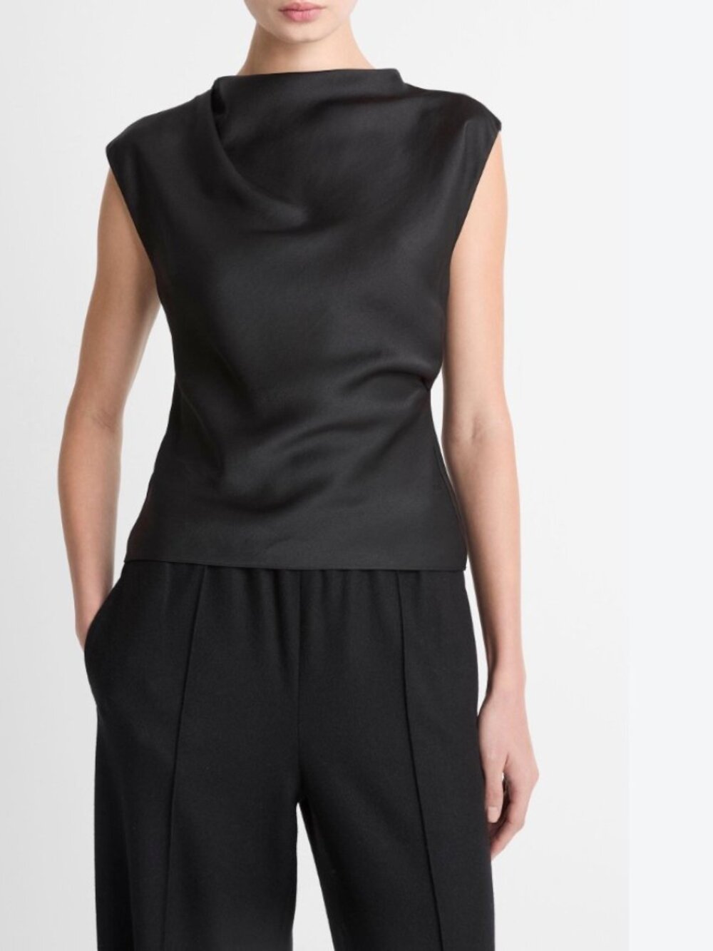 Vince Navy Satin Draped Cowl-Neck Top Small